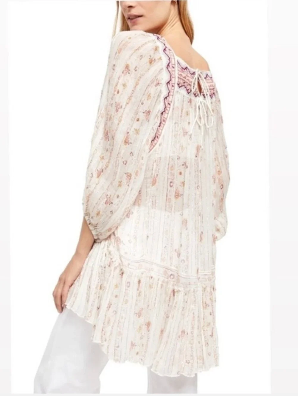 Free People Boho Tunic Mini Dress Sheer Dance Magic Ivory Floral Small